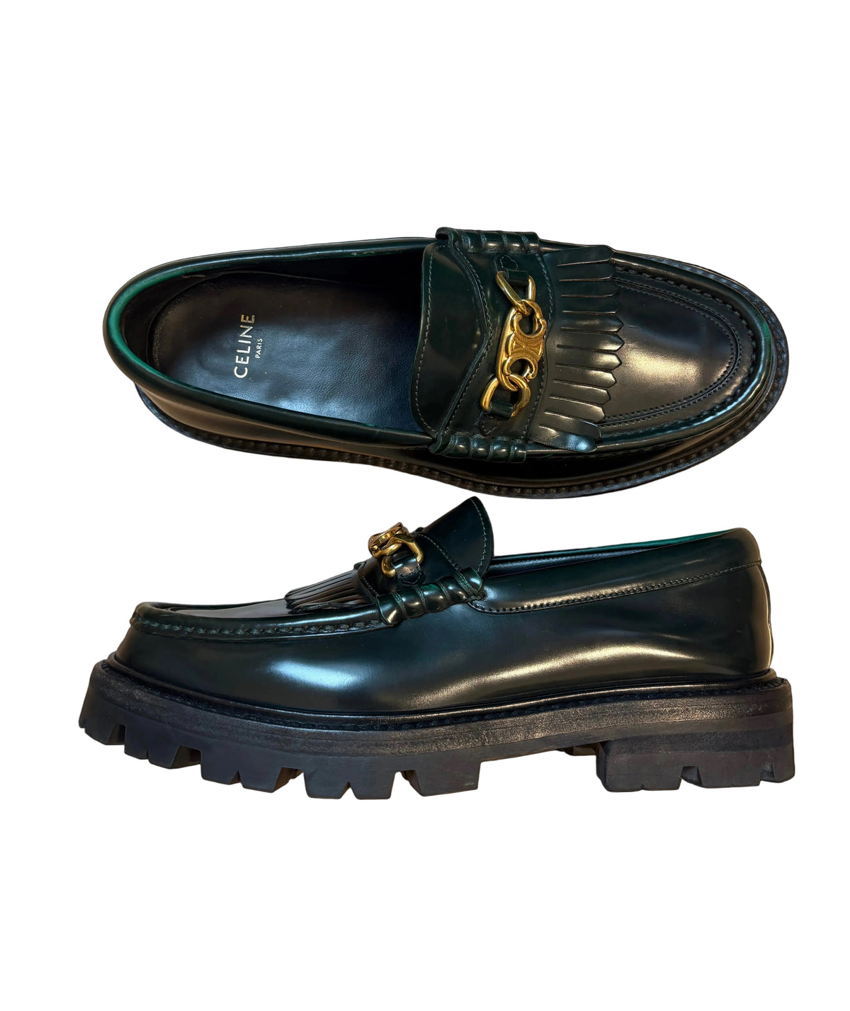 Mocassins CELINE en cuir vert foncé à chaîne dorée –