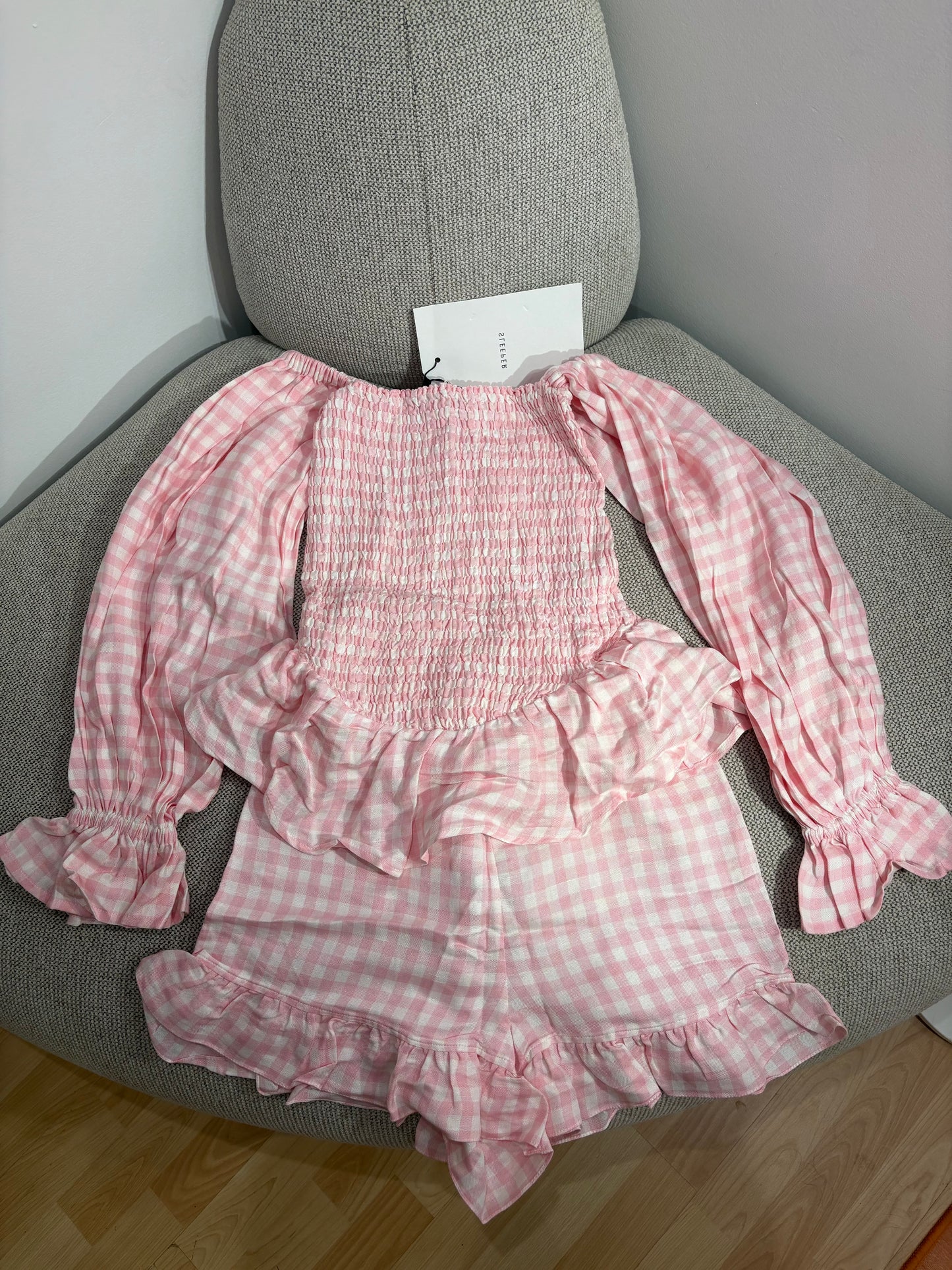 Ensemble Sleeper en lin à carreaux roses et blancs